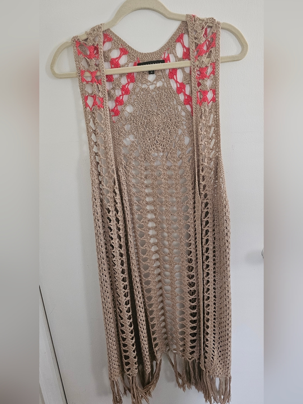 Sanctuary Crochet Open-Knit Vest with Coral Trim